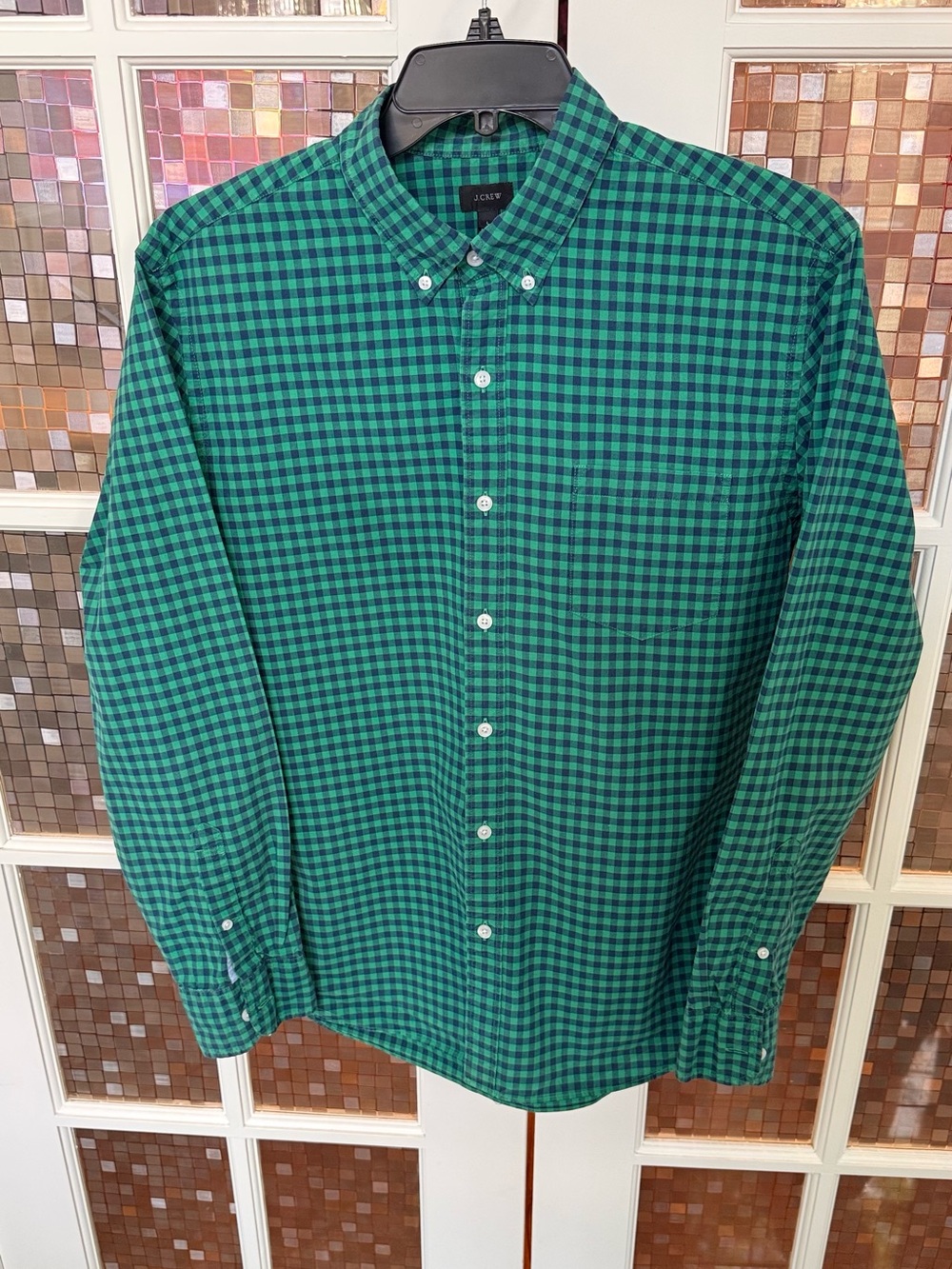J. Crew Men's Green and Black Check Button-Down Shirt